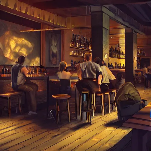 Image similar to people sitting in the bar, beautiful, tending on artstation, dynamic lighting, photorealistic, artwork by rafael