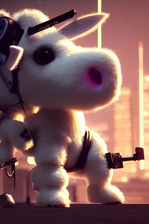 Image similar to high quality 3 d render very cute fluffy! cyborg cow plays guitar, cyberpunk highly detailed, unreal engine cinematic smooth, in the style of blade runner & detective pikachu, hannah yata charlie immer, moody light, low angle, uhd 8 k, sharp focus