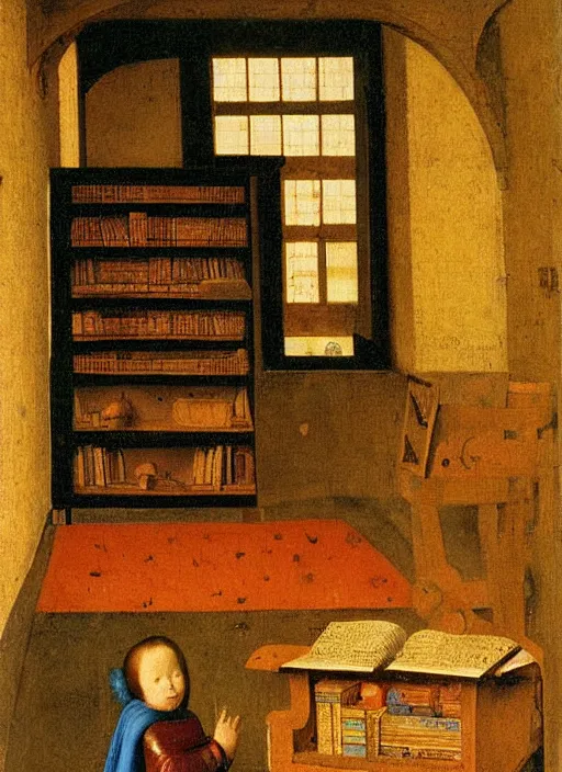 Image similar to bookshelf with books and children toys, medieval painting by jan van eyck, johannes vermeer, florence