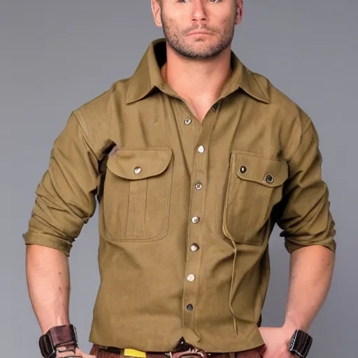 Prompt: cargo buckskin shirt covered with tactical pouches