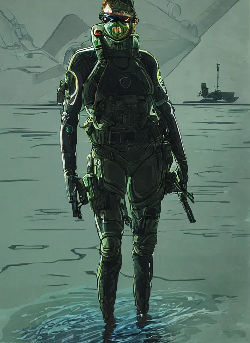 Image similar to Sara. USN blackops operator emerging from water at the shoreline. Operator wearing Futuristic cyberpunk tactical wetsuit and looking at an abandoned shipyard. Frogtrooper. rb6s, MGS, and splinter cell Concept art by James Gurney, Alphonso Mucha. Vivid color scheme.