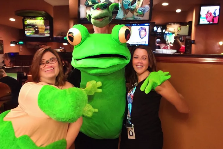 Image similar to taking a selfie with a frog fleshy mascot costume at an applebee's, cell phone photo