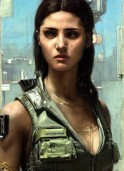 Image similar to athena. beautiful cyberpunk female USN marine wearing a military vest and military jumpsuit (cyberpunk 2077, bladerunner 2049). gorgeous face. Iranian orientalist portrait by john william waterhouse and Edwin Longsden Long and Theodore Ralli and Nasreddine Dinet, oil on canvas. Cinematic, hyper realism, realistic proportions, dramatic lighting, high detail 4k