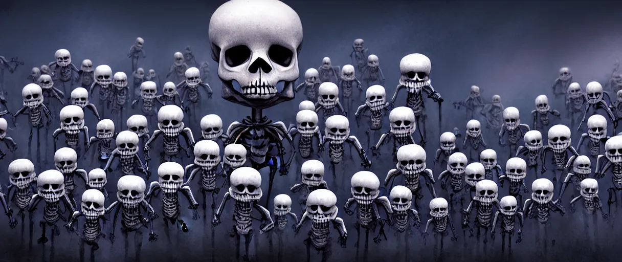 Image similar to hyperrealistic supercute skeleton army ute osterwald jason limon professional concept art dramatic blue lighting wide angle hd 8k sharp shallow depth of field