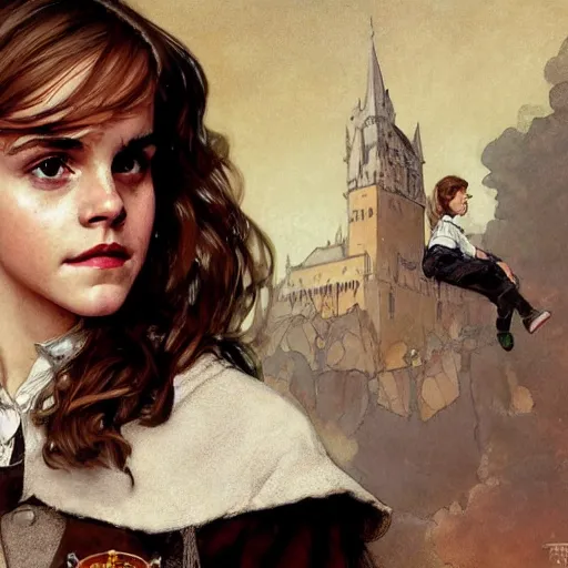 Image similar to portrait of emma watson as hermione granger in a burnoose, detailed, illustration by norman rockwell, artstation character art, john william waterhouse, concept art, greg rutowski