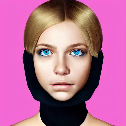 Image similar to High-Quality photorealistic portrait of a young thin girl, blue eyes, blonde hair, wearing a black turtle neck, face center close-up, realistic colors