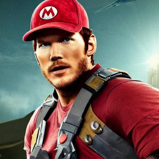 Prompt: chris pratt wearing mario's clothing in an upcoming movie, epic movie poster