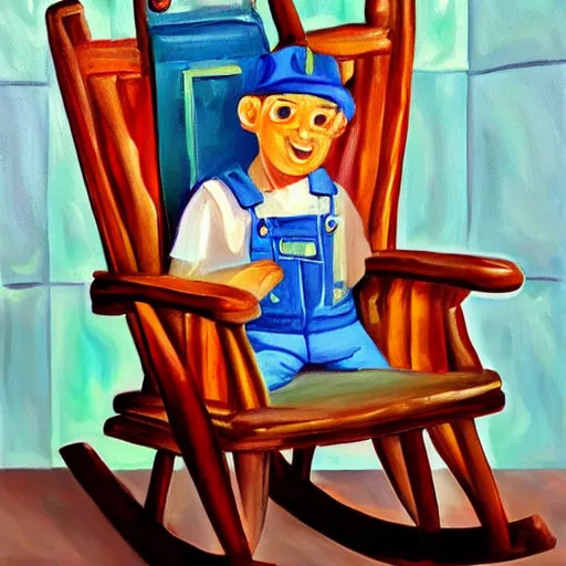 Image similar to a painting of grandpa yocheved avigayil batya tzfira wearing overalls on a rocking chair, telling stories, cute and wonderful vivid painting