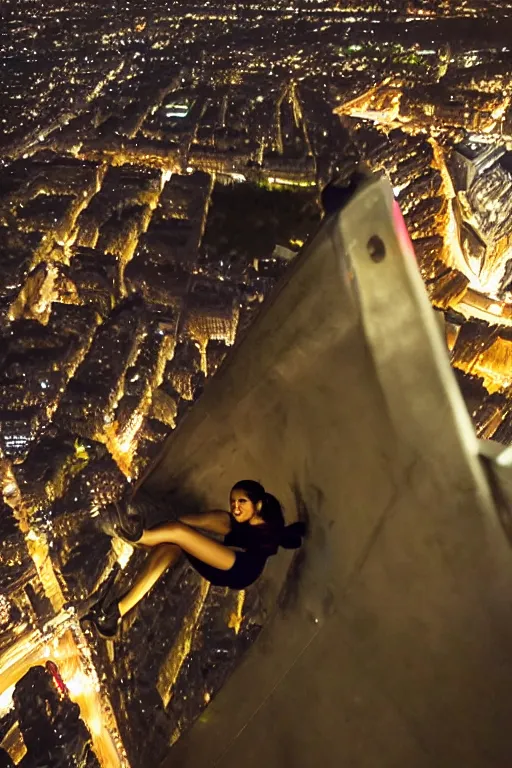 Image similar to hispanic female teen clambing, climber point of view 200m above Paris, at night, downpour, still from Mission Impossible action movie, action scene