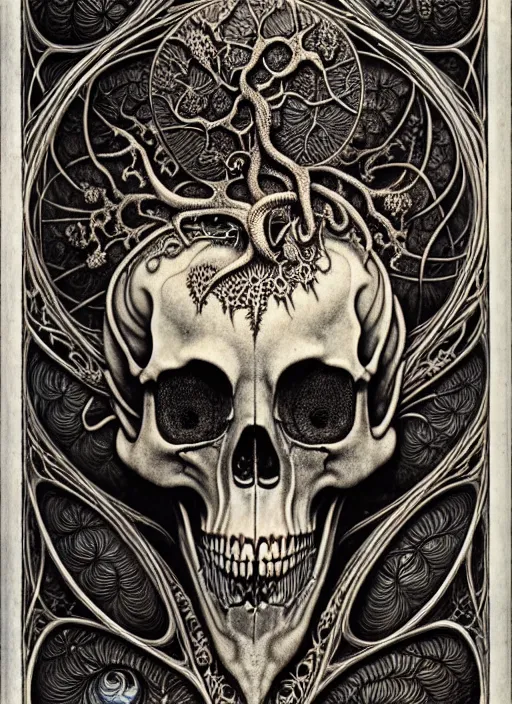 Image similar to art forms of nature by ernst haeckel, memento mori by arthur rackham, ornate antique porcelain beautiful skull mask, ultrasharp, photorealistic, hyperdetailed, octane render, polished, art nouveau, neo - gothic, gothic, intricate ornamental organic filigree, art nouveau botanicals, art forms of nature by ernst haeckel, horizontal symmetry, symbolist, visionary