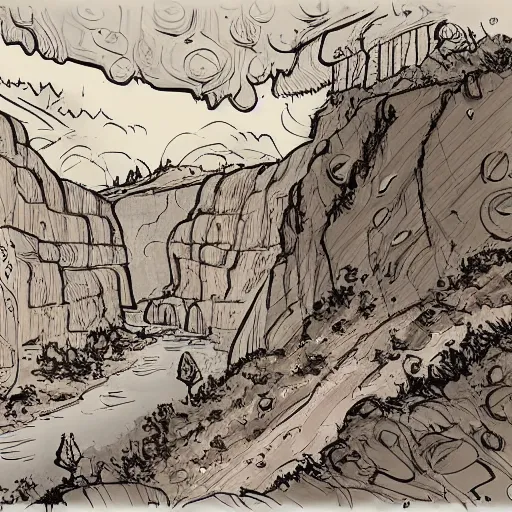 Prompt: illustration of a canyon landscape, (inktober), line art, ((water color)), by Bill Waterson, By Jake Parker, by Brian Kesinger