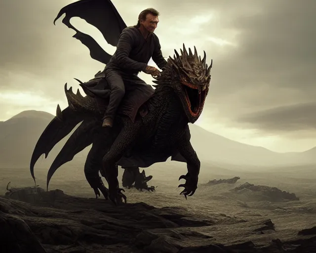 Image similar to 5 5 mm portrait photo of liam neeson riding a dragon. magical atmosphere. art by greg rutkowski. highly detailed 8 k. intricate. lifelike. soft light. nikon d 8 5 0.