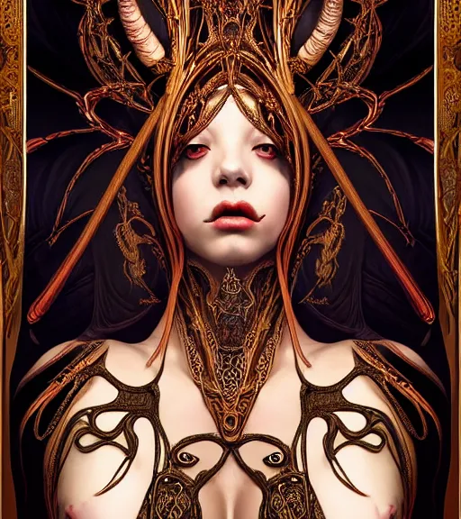 Image similar to symmetrical painting, a beautiful female succuba queen in hollow dress, pretty, gorgeous, attractive, stunning, inspired by queens blade, detailed and intricate, perfect body shape, perfect face, hypermaximalist, elegant, ornate, luxury, elite, matte painting, cinematic lighting, james jean, brian froud, wayne barlowe