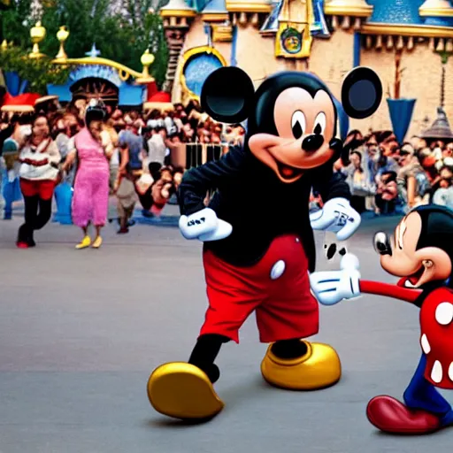 Prompt: the Mickey Mouse character at Disneyland beating up a child