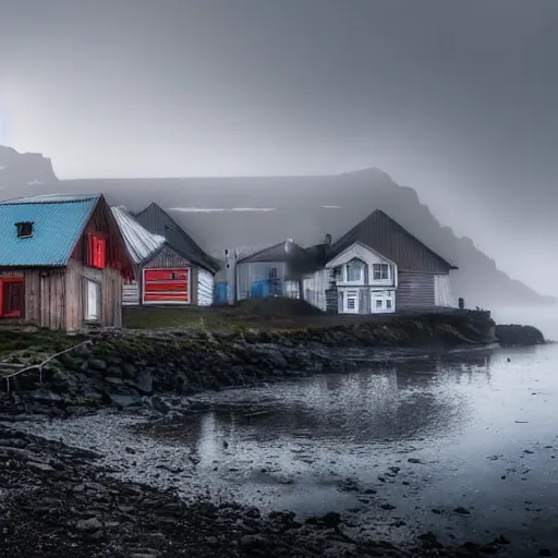 Image similar to icelandic fishing village with rustic architecture. cyberpunk style. apocalyptic style. photo. photorealistic. nebulous. fog.