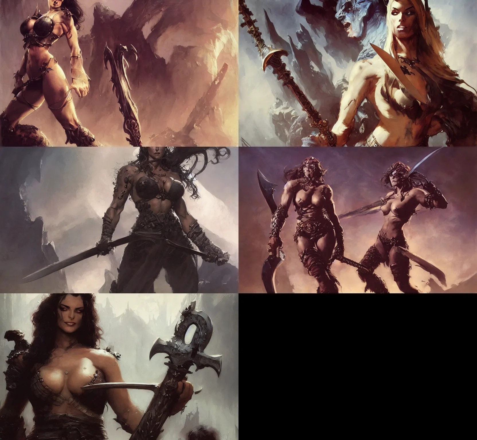 Prompt: A full portrait of a beautiful berserker woman, with an oversized sword, by Frank Frazetta, Greg Rutkowski, Boris Vallejo, epic fantasy character art, Exquisite detail, post-processing, masterpiece, cinematic