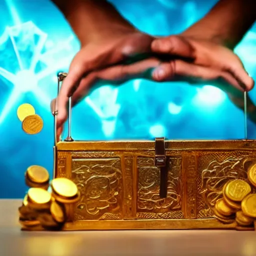 Prompt: photo of person opening a glowing treasure chest, inside the treasure chest are several small men looking excited holding small chocolate coins. stylish, vibrant