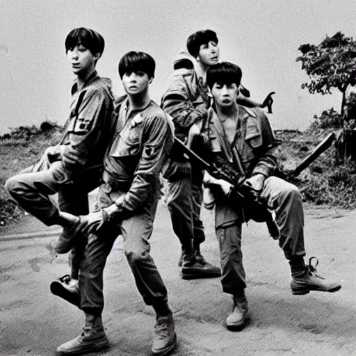 Image similar to BTS boyband fighting in the Vietnam war, historical photo, vintage photo, 1965