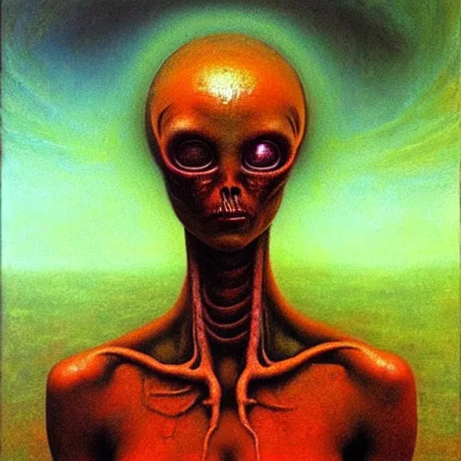 Prompt: alien woman, full body, portraiture, painted by Beksiński, oil painting, intricate details