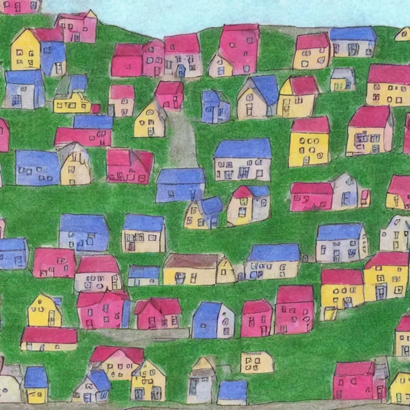 Image similar to little boxes on the hillside little boxes made of ticky tacky little boxes on the hillside little boxes all the same there's a pink one and a green one and a blue one and a yellow one, children's pencil drawing