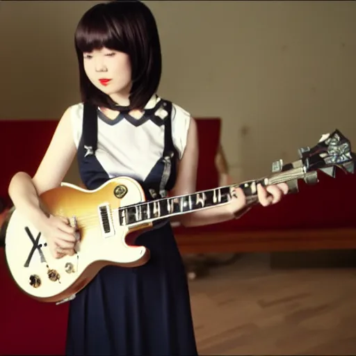 Image similar to real-life Yui Hirasawa with a Gibson Pre-'08 Les Paul Standard, a still of a Japanese music movie