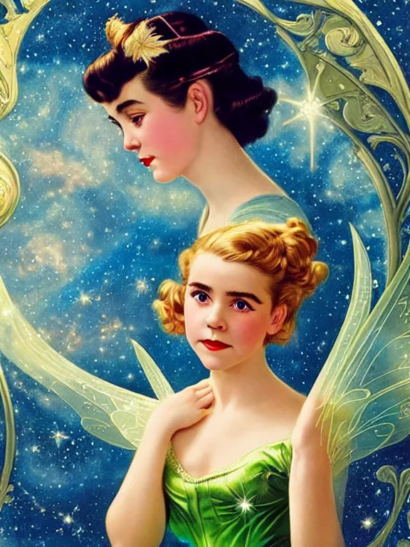 Image similar to kiernan shipka as tinkerbell, a beautiful art nouveau portrait by Gil elvgren, moonlit starry sky environment, centered composition, defined features, golden ratio, gold jewlery