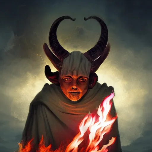 Prompt: ram horned catholic monk like half-lamb brings fire down from the sky, medieval style, trending on artstation, highly detailed, digital painting, volumetric light, concept art, sharp focus, illustration