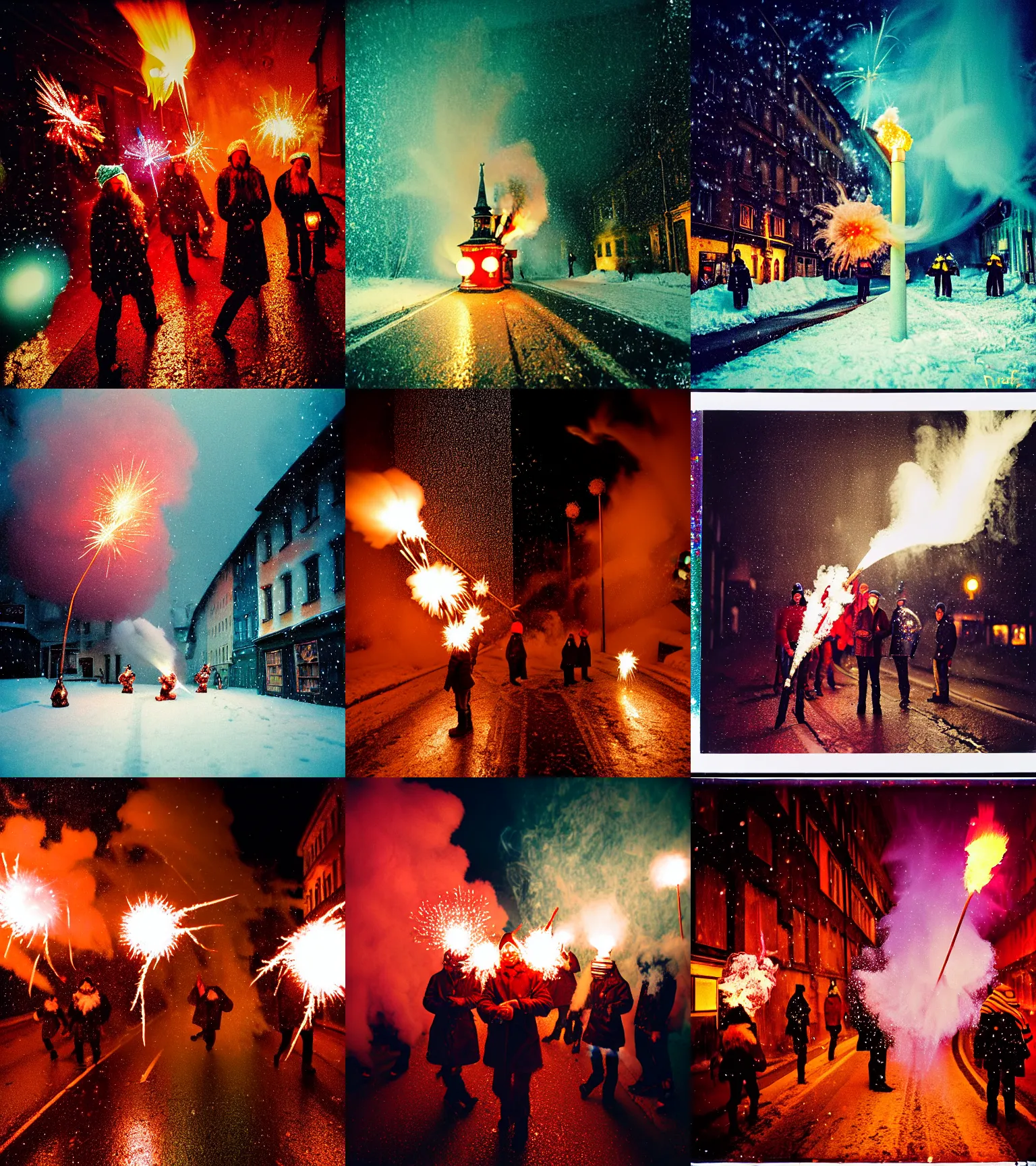 Image similar to kodak portra 4 0 0, wetplate, winter, snowflakes, rainbow coloured rockets, chaos, glitter tornados, award winning dynamic photo of a bunch of hazardous krampus between exploding fire barrels by robert capas, motion blur, in a narrow lane in salzburg at night with colourful pyro fireworks and torches, teal lights