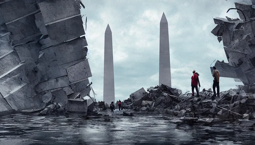 Image similar to men exploring destroyed collapsed washington monument, cloudy day, water, hyperdetailed, artstation, cgsociety, 8 k