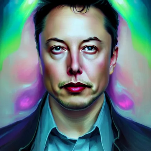 Image similar to dream portrait of Elon Musk, dreamy and ethereal, expressive pose, big pink eyes, exciting expression, fantasy, intricate, elegant, many rainbow bubbles, rose tones, highly detailed, digital painting, artstation, concept art,cyberpunk wearing, smooth, sharp focus, illustration, art by artgerm and greg rutkowskiand alphonse mucha,Salvador Dali.