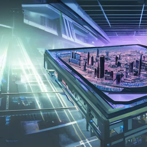 Image similar to large group people in a huge warehouse, looking at hologram of futuristic city on a table | cinematic concept art | godrays | 4 k | clear details | tabletop | tabletop | hologram foreground