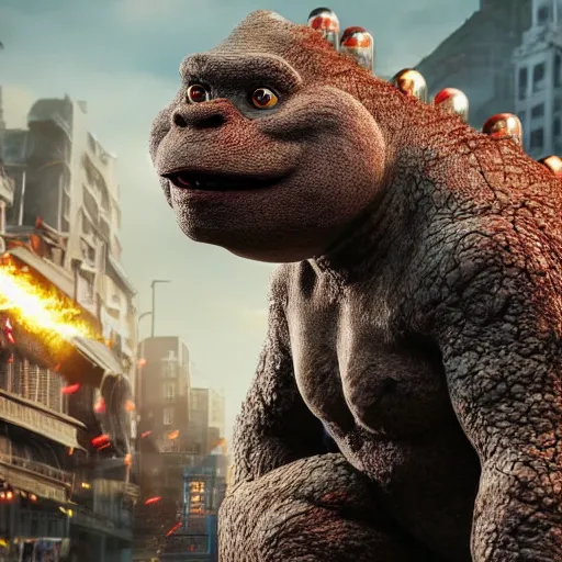 Image similar to mr. bean godzilla yoda donkey kong pikachu yeti shrek spongebob homer groot in gears of war, splash art, movie still, detailed face, photorealistic facial features, cinematic lighting, dramatic, octane render, long lens, shallow depth of field, bokeh, anamorphic lens flare, 8 k, hyper detailed, 3 5 mm film grain