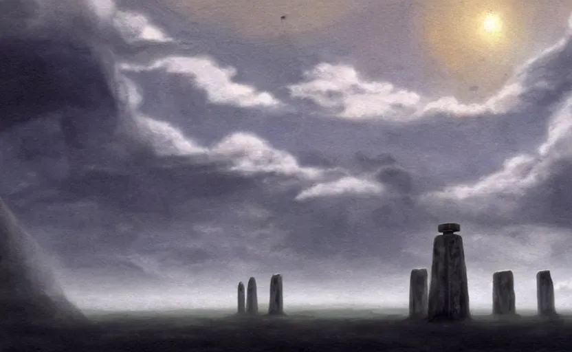 Image similar to a realistic and atmospheric cell - shaded concept art from howl's moving castle ( 2 0 0 4 ) of a ufo in the sky. a grey monk is standing in a futurist sci - fi city that looks like stonehenge in a flooded rainforest. it is a misty starry night. very dull muted colors, hd, 4 k, hq