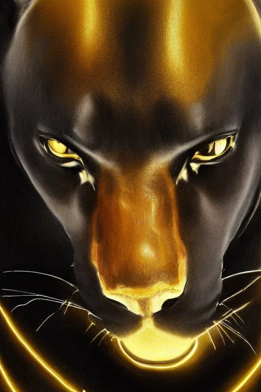 Image similar to Portrait of a black panther, elegant, photorealistic, highly detailed, artstation, smooth, sharp focus, gold ornaments, neon lighting, sci-fi, art by Klimt