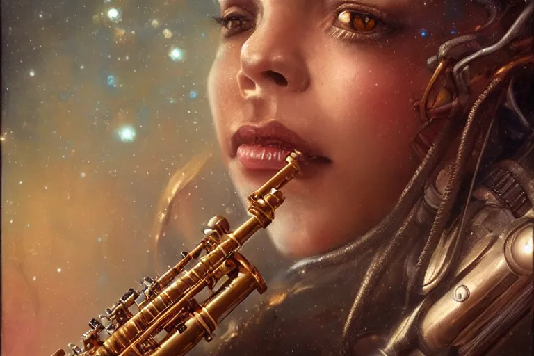 Prompt: a beautiful ultradetailed vintage photo of cyborg playing an oboe, by tom bagshaw and anna dittman, portrait, vignette, 2 4 mm lens, golden ratio composition, detailed face, studio photography, very detailed, cybernetic scifi, artstation, 8 k, highly coherent