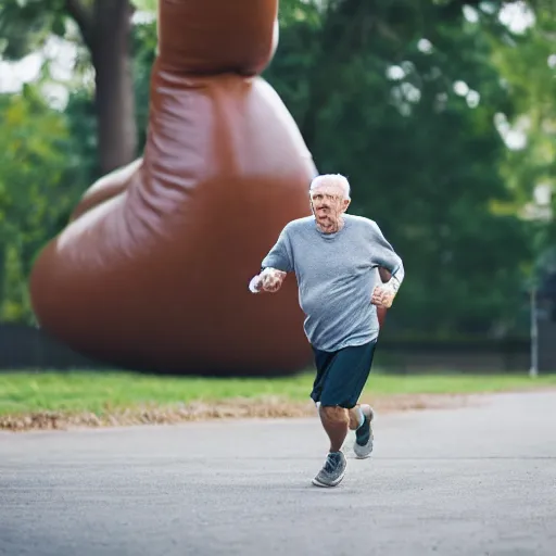 Prompt: An elderly man running from a giant humanoid sausage, Canon EOS R3, f/1.4, ISO 200, 1/160s, 8K, RAW, unedited, symmetrical balance, in-frame