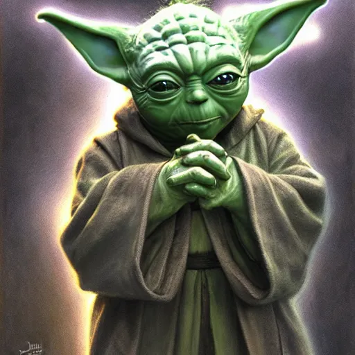 Image similar to Yoda looking at the camera, sharp image, 4k, art by Donato Giancola and Bayard Wu, digital art, trending on artstation