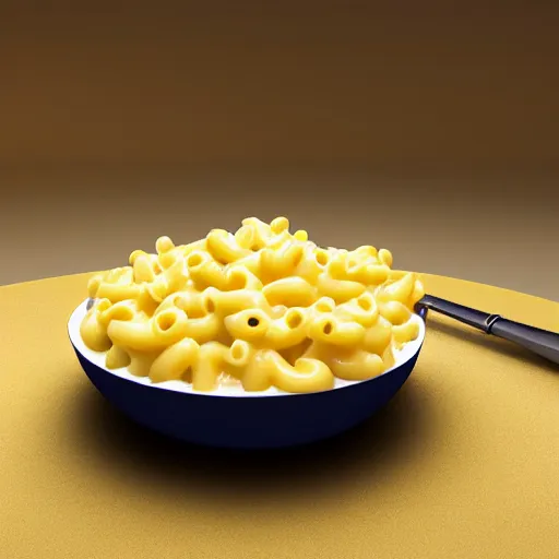 Prompt: A bowl of Mac and cheese, hyper realistic, ray tracing, gold yellow cheese,