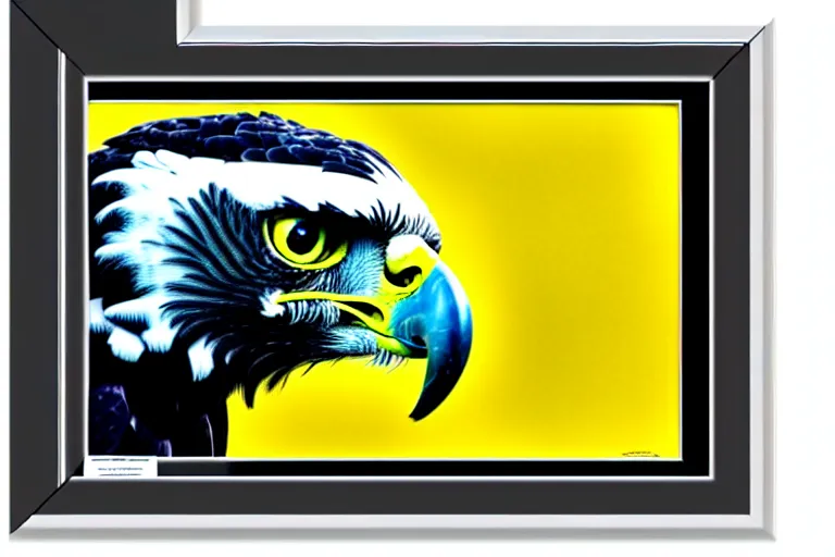 Image similar to side view of harpy eagle, framed photo hanging above couch, carl barks, cross hatching, yellow and black