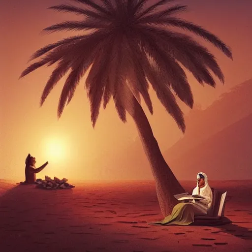 Prompt: “A man sitting under a palm tree by a small fire, reading an ancient scroll, egyptian desert, night, dim light, stars, fantasy, highly detailed, digital painting, artstation, concept art, illustration, art by Greg Rutkowski and Marc Simonetti