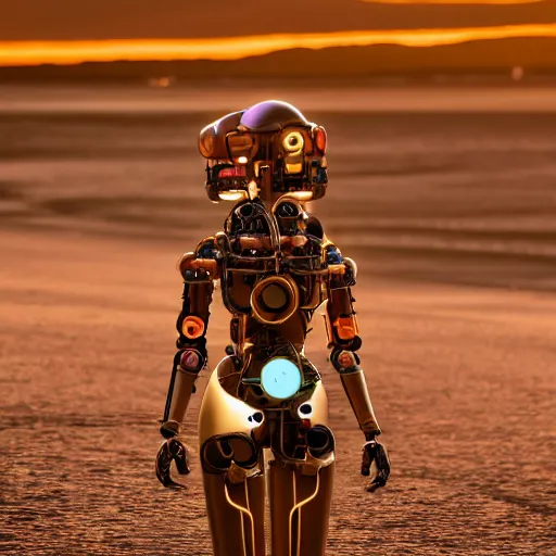 Prompt: Full body beautiful Fine art photography of a solarpunk half robot half human girl with real human face, led lights over body, highly detailed, photorealism, sunset lighting 8k
