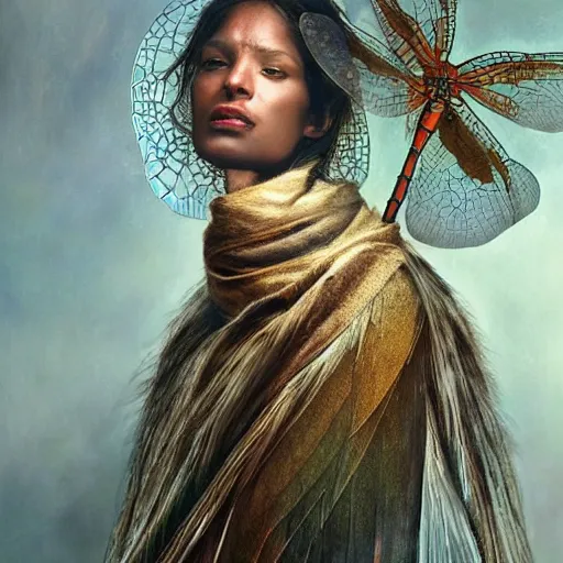 Image similar to brown woman wearing a dragonfly armor. iridiscent. extremely photorealistic. super detailed. layered. textured. award winning. dispersion of light. refracted lighting. soft. fragile. by ray caesar. by louise dahl - wolfe. by andrea kowch. by tom bagshaw. surreal photoraphy