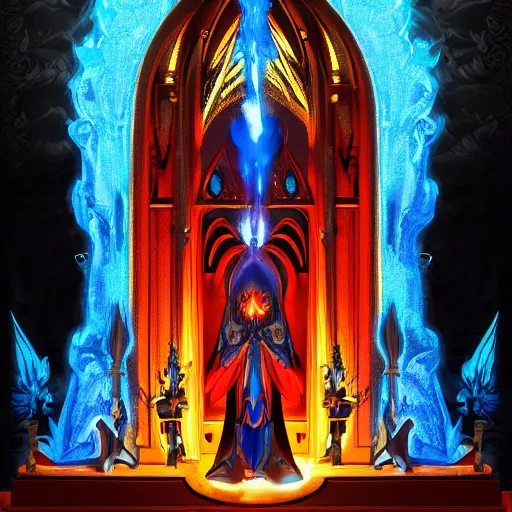 Prompt: A blazing and bright blue flame is worshipped at the center of a gothic temple by hooded cultists dressed in red at night; dark fantasy; trending on artstation