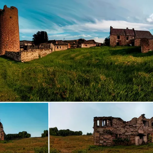 Prompt: panorama of a photorealistic grassland with a medieval village in ruins, 4 k, 8 k, cinematic photography, landscape photography