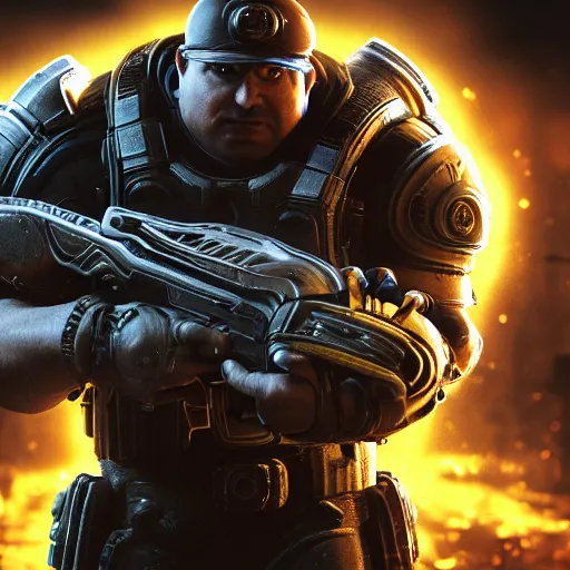 Image similar to Minions in 'Gears of War', splash art, movie still, cinematic lighting, detailed face, dramatic, octane render, long lens, shallow depth of field, bokeh, anamorphic lens flare, 8k, hyper detailed, 35mm film grain