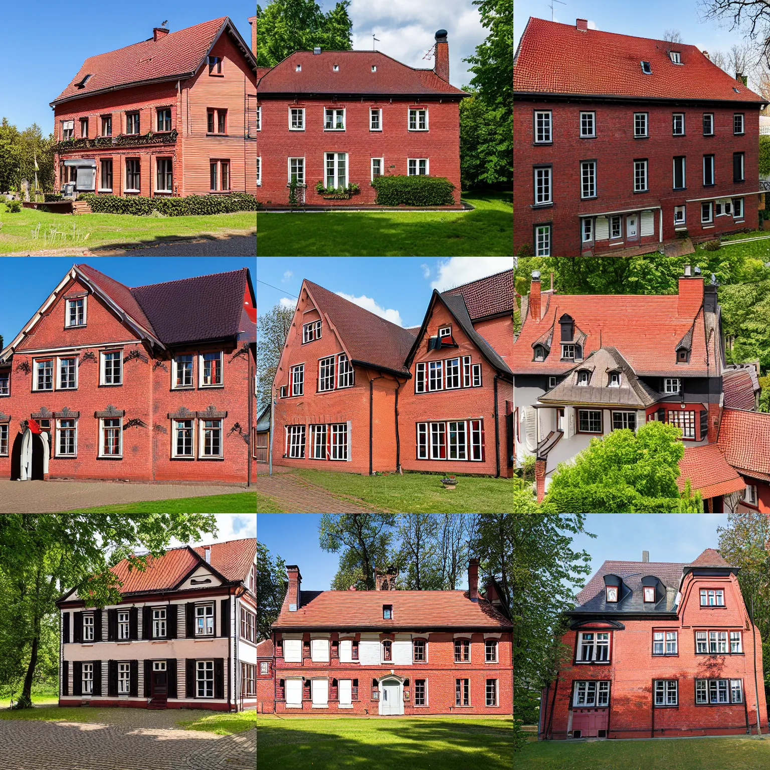 Prompt: 1 8 8 0 s big german red brick 3 - story farmhouse with a black roof, hannover, lower saxony, germany