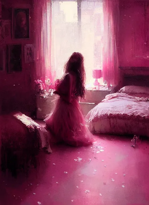 Image similar to portrait of a beautiful girl in her bedroom, shades of pink, beautiful face, rule of thirds, intricate outfit, spotlight, by greg rutkowski, by jeremy mann, digital painting