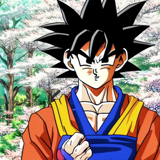 Image similar to highly detailed photo of goku wearing tuxedo standing in front of sakura trees, anime concept art, symmetrical face, with clear eyes highly detailed, 8 k