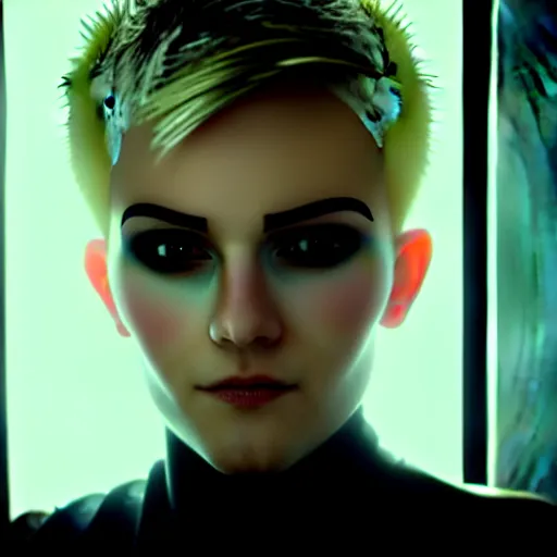 Prompt: beautiful android peeking at you though the curtains, short spiky blonde hair, cyberpunk outfit, still from closed circuit tv footage