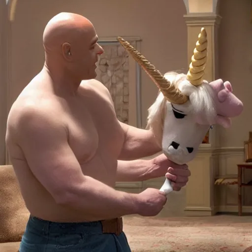 Image similar to Mr. clean riding a chubby balding blond guy and holding a unicorn toy, highly detailed, epic fantasy, film still, best shot, very long shot, 8K Imax